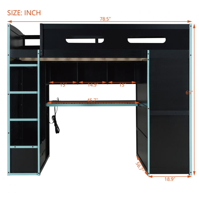Jerry Lit mezzanine en bois avec bureau et rangement, Taille Double, Bleu
