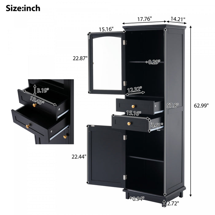 Jamie Armoire Haute De Salle De Bain 63\" En Bois De Pin Avec Etageres Reglables Et Portes Vitrees - Verte