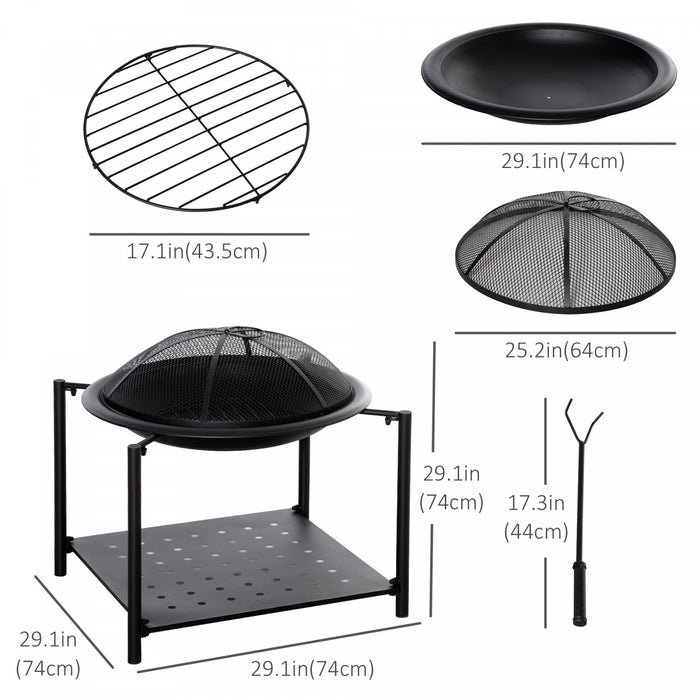 Outsunny Brasero Cheminee Foyer Exterieur Jardin Terrasse Patio Avec Couvercle Pare-etincelles Tisonnier Etagere Et Grille A Charbon Inclus Noir