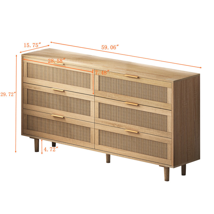 Meuble de rangement moderne Mila a 6 tiroirs en rotin avec structure en bois manufacture - couleur naturelle