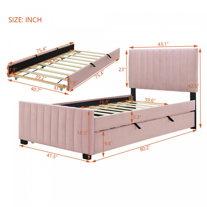 Lit plateforme Ethan rembourre en velours, gain de place, avec tiroir gigogne, taille simple, rose