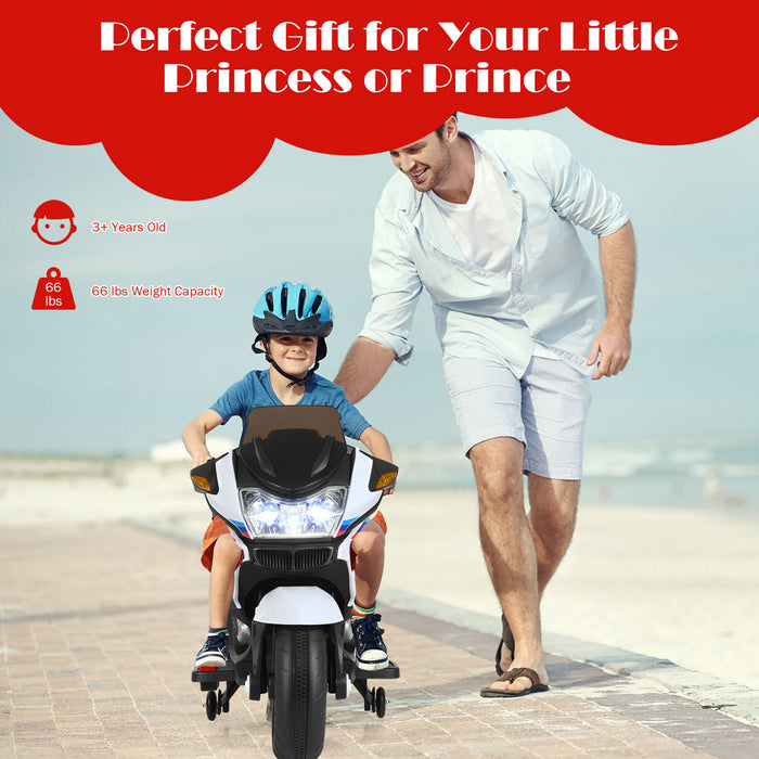 Moto Electrique 12v Pour Enfants Avec Roues D'entrainement Et Eclairage, Blanc