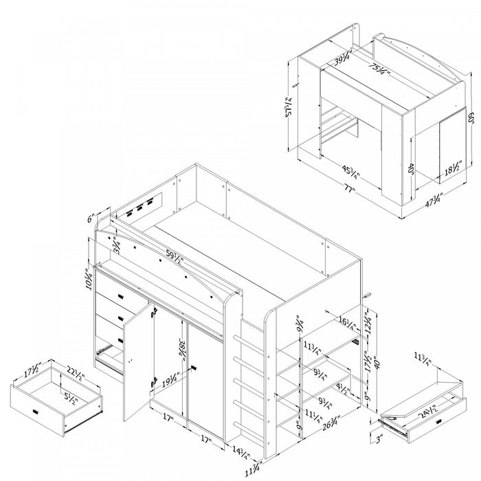 Tiara Lit Mezzanine Avec Bureau - Blanc Solide