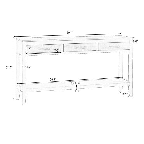 Table d'entree Emma 59,1'' de style ferme avec tiroirs et etagere ouverte, grise
