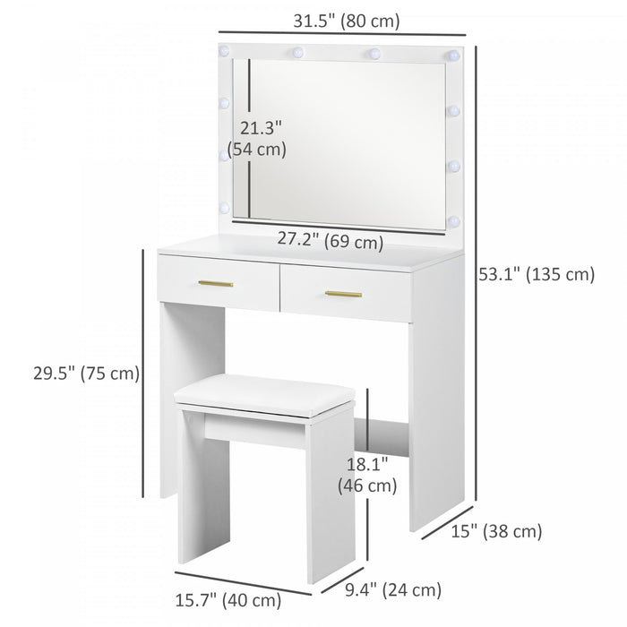 HOMCOM Ensemble de Coiffeuse et Tabouret avec Miroir Eclaire a LED, Blanc