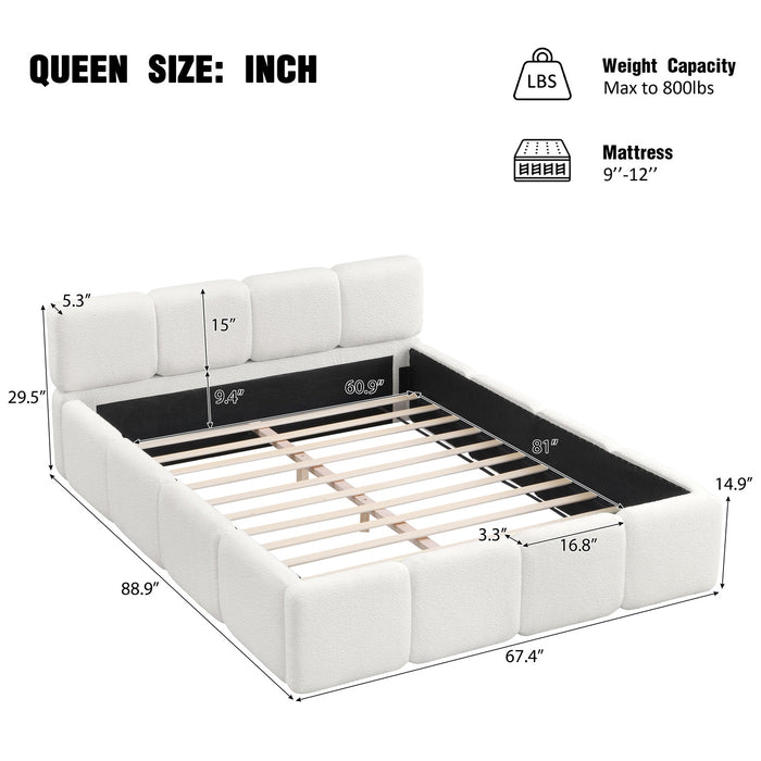 Lit plateforme Aiden avec cadre rembourre de soutien en tissu boucle, taille Queen, blanc
