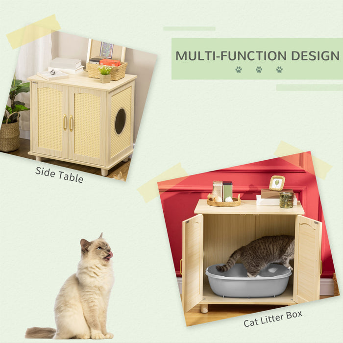 Pawhut Bac A Litiere Pour Chat Avec Coussin Souple, Banc De Rangement, Table D'extremite Avec Bordure En Rotin, Structure En Bois, Portes Magnetiques, Montage Facile, Chene