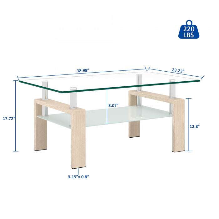 Table basse moderne rectangulaire en verre trempe transparent Liam, finition chene