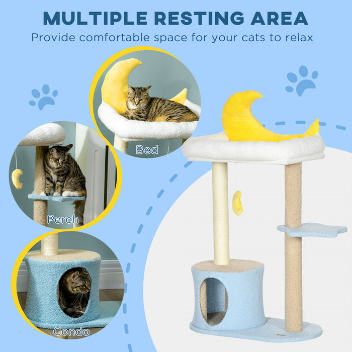 Pawhut 41\" Arbre A Chat Pour Chats D'interieur Avec Maison Et Lit En Peluche Polaire, Tour Pour Chaton Avec Griffoir, Jouet Suspendu En Forme De Lune, Plate-forme Etoile, Bleu