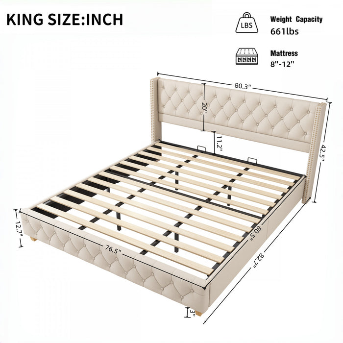 Lit plateforme en lin Haley avec tete de lit a ailes classiques et capitonnage en diamant, taille King, beige