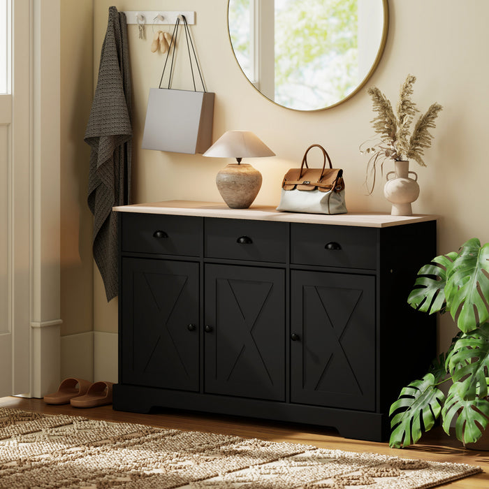 HOMCOM Buffet de 46.5\" avec 3 portes de style grange et 3 tiroirs, noir