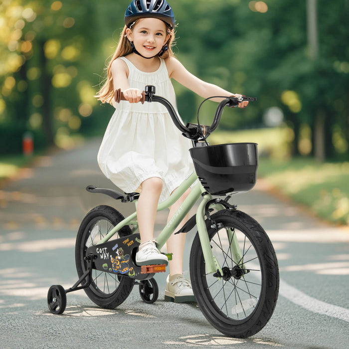 Costway 16\" Velo Pour Enfants Avec Roues D'entrainement Guidon Reglable Et Frein A Main Du Siege Vert