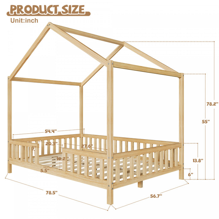 Paul Lit Montessori au sol avec baldaquin et barrieres hautes, Taille Double, Bois Naturel