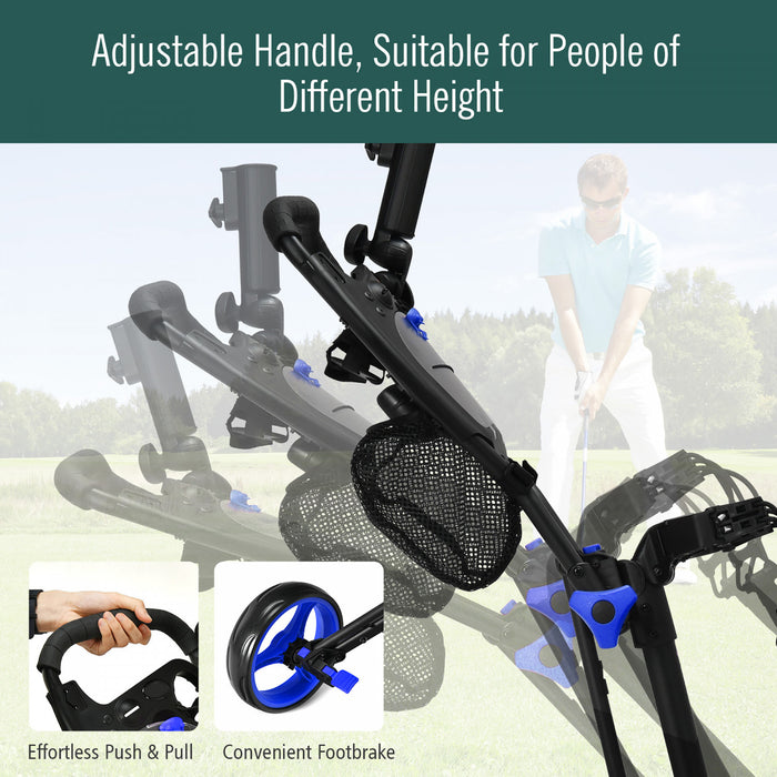 Goplus Pliant 3 Roues Golf Push Cart W/brake Scoreboard Poignee Reglable Bleu