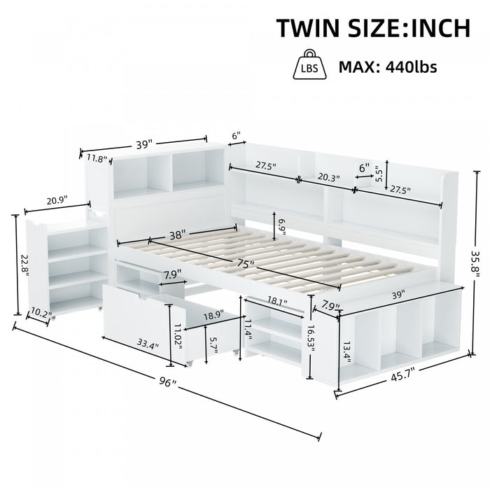 Banquette-lit multifonction Ethan avec rangement integre, tiroirs et bibliotheque, taille simple, blanc