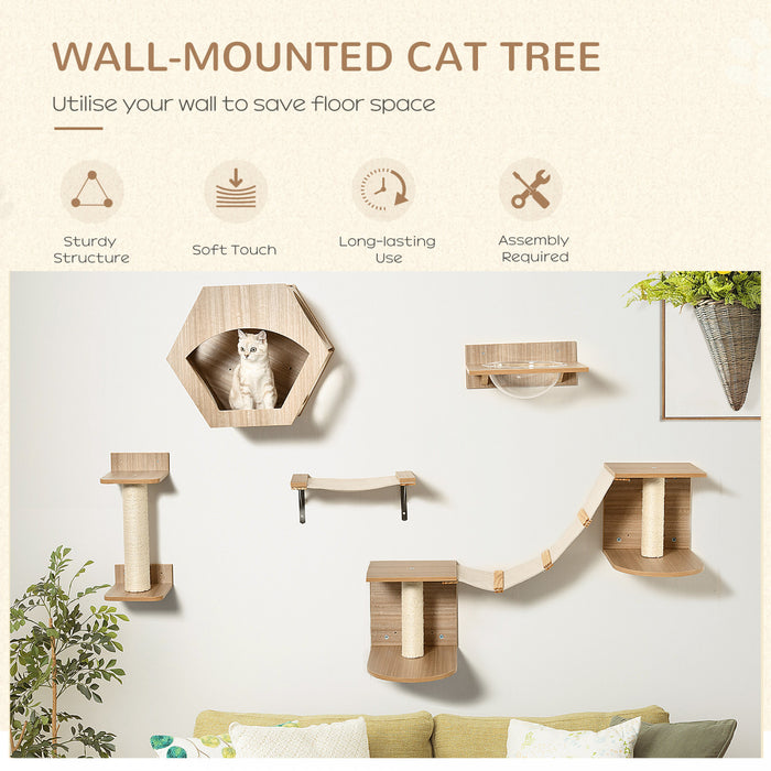 Pawhut Ensemble D'etageres Pour Chats 5 Pieces Echelle Escalier Escalade Chats Mural Avec 2 Hamacs Griffoir Plate-forme De Saut Et Niche Multicentres D'activite