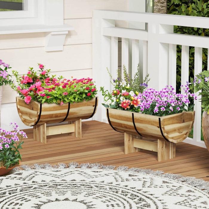 Costway 1 Pcs Exterieur Planteur En Bois Acacia Bois Solide Demi-baril Planteur Boite Avec Jambes