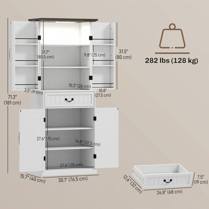 HOMCOM Armoire de cuisine avec eclairage, meuble de rangement, blanc