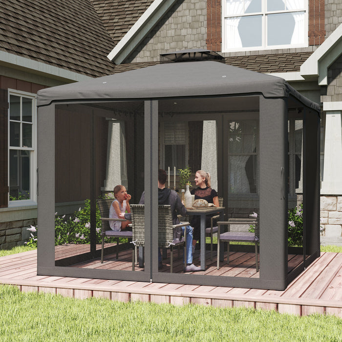 Gazebo d'exterieur 9,6' x 9,6' Tente a auvent avec filet, gris fonce