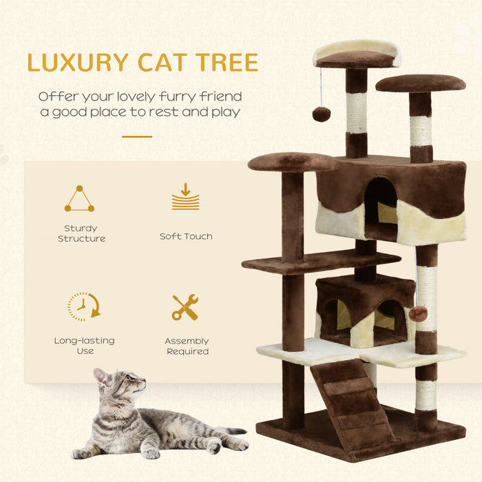 Pawhut Arbre A Chat 137,2 Cm Grande Maison De Jeu Pour Chaton Centre D'activites A Plusieurs Niveaux Meubles Pour Animaux De Compagnie (cafe)