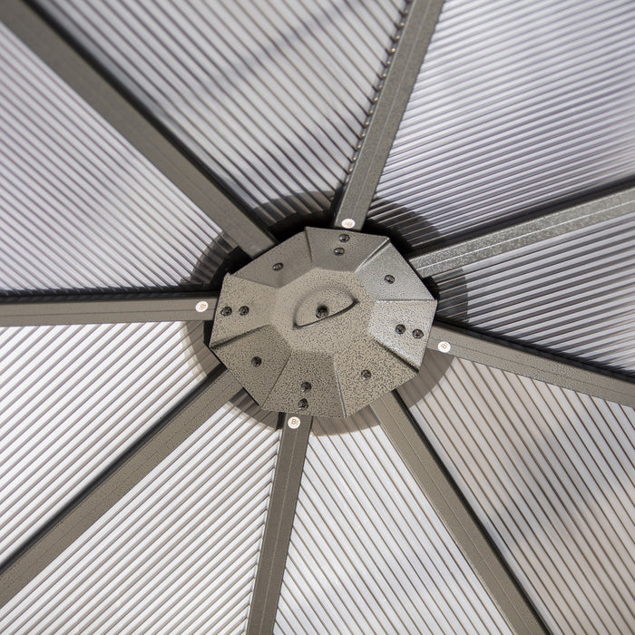 Outsunny 10' X 10' Pavillon De Jardin Polycarbonate A Toit Rigide Gazebo Exterieur Patio Avec Cadre En Aluminium Et Rideaux, Gris Fonce