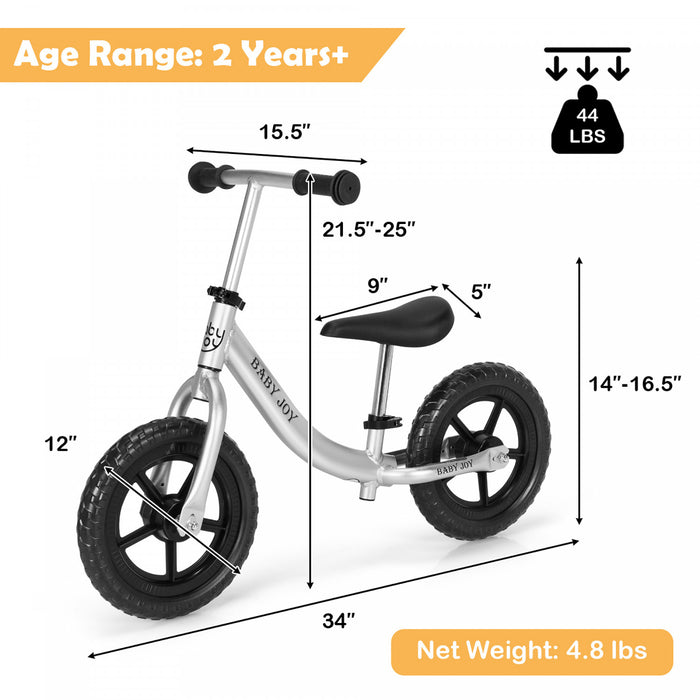 Velo D'equilibre En Aluminium Pour Enfants, Velo A Pousser Pour Tout-petits Avec Siege De Guidon Reglable, Pneus En Mousse Eva De 30,5 Cm, Velo D'equilibre Pour Tout-petits Et Enfants, Adapte Aux Enfants De Plus De 2 Ans, Noir Et Argent
