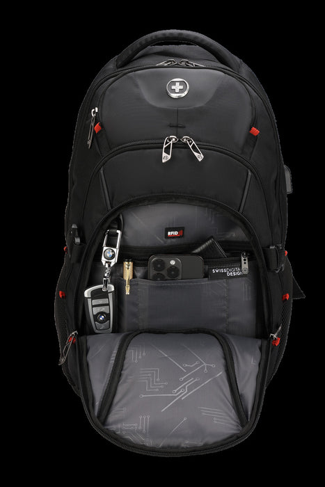 Sac a dos scolaire Swissdigital Meilen – Sac pour ordinateur portable de 17\", chargement USB, detecteur SDD, protection RFID, systeme Add-A-Bag, pret pour le voyage
