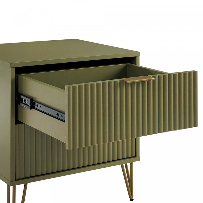 Table de nuit moderne Dumbo 20\" a cannelures en vert olive (2 tiroirs)
