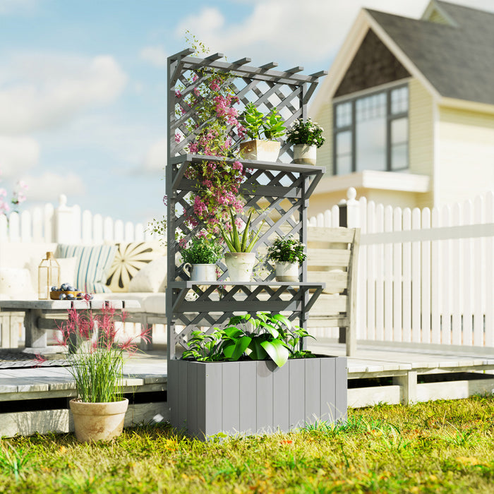 Outsunny Lit de jardin sureleve avec treillis et etagere a plantes, gris