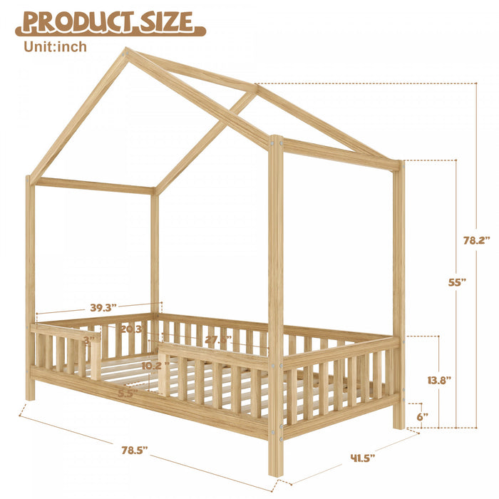 Paul Lit Montessori au sol avec baldaquin et barrieres hautes, Taille Simple, Bois Naturel