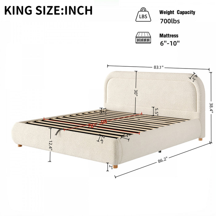 Lit plateforme Sophia avec rangement a levage hydraulique, revetement en boucle, taille king, beige