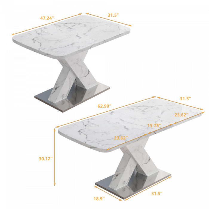 Table a manger rectangulaire moderne Lennon extensible de 47,24\" a 62,99\" avec plateau imprime marbre, blanc