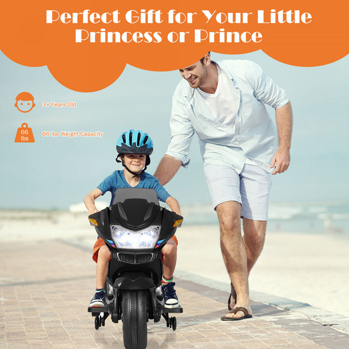 Moto Electrique 12v Pour Enfants Avec Roues D'entrainement Et Eclairage, Noir