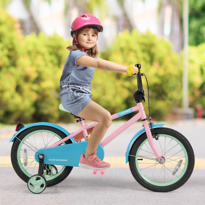 Costway 16\" Velo Pour Enfants Avec Guidon Reglable De Selle Roues D'entrainement Amovibles Frein A Main Rose