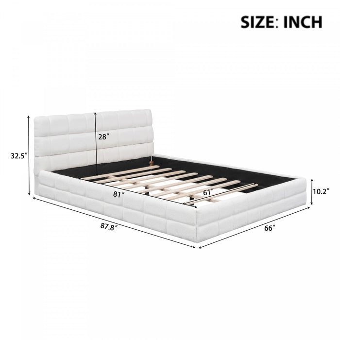 Lit plateforme moderne Emma rembourre avec structure en bois massif confortable, taille queen, blanc
