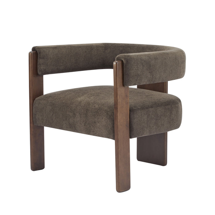Olivia Fauteuil d’appoint rembourre en velours avec dossier cylindrique et structure en bois de caoutchouc, marron fonce