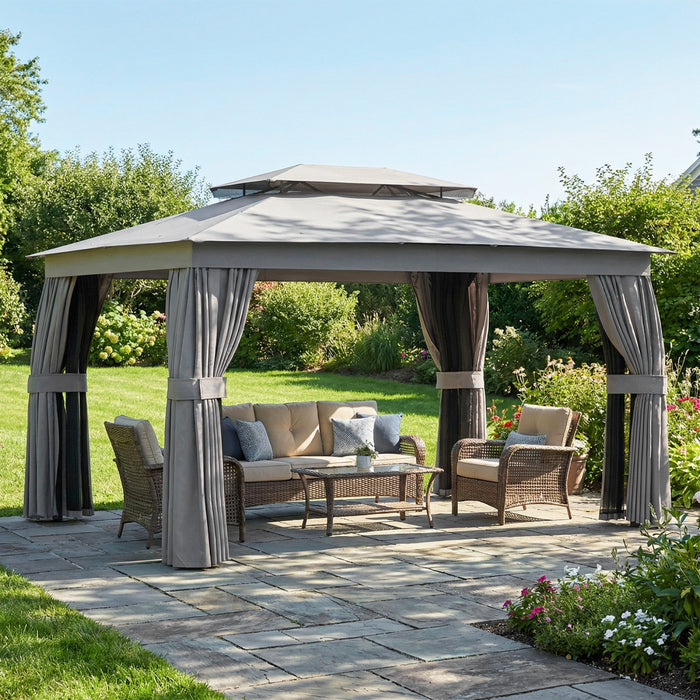 Outsunny Pavillon de Jardin Exterieur 3 x 3,8 m avec Rideaux, Moustiquaire et Double Toit