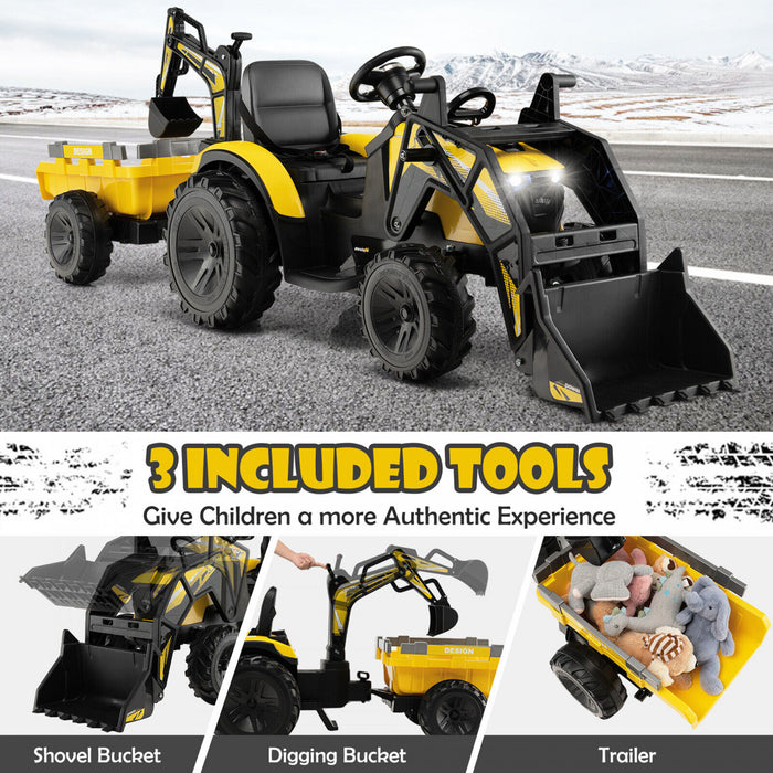3-en-1 Enfants Montent Sur Bulldozer D'excavateur 12v Tracteur Electrique A Distance W / Remorque Jaune
