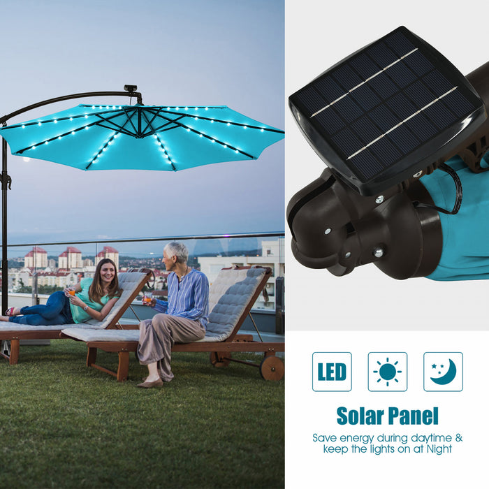 Costway Parasol deporte solaire LED de 10 pieds avec manivelle, 40 lumieres, base turquoise