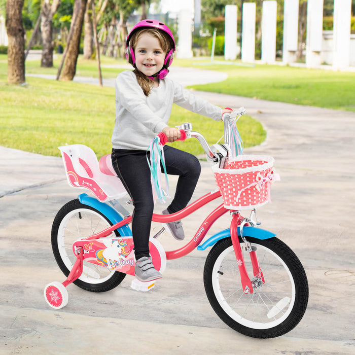 Costway 16\" Velo Pour Enfants Avec Siege De Poupee Panier Et Streamers Colores 2 Roues D'entrainement Rose