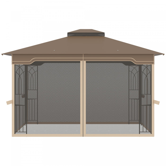 Outsunny 12' X 10' Tonnelle Pavillon Jardin Patio Terrasse Gazebo Auvent Abri D'exterieur Avec Double Toit Moustiquaires Cadre En Metal Brun