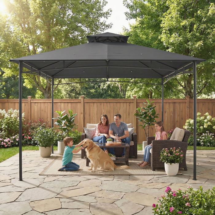 Outsunny Tonnelle 3 x 3 m, Abri de Jardin a Toit Souple a 2 Niveaux, Gris Fonce