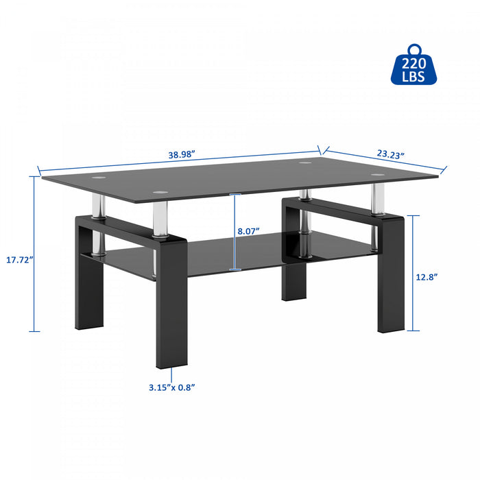 Table basse moderne rectangulaire en verre trempe transparent Liam, avec pieds noirs