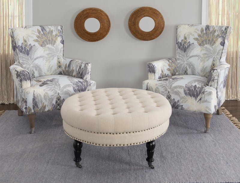 Pouf rond Isabelle capitonné en tissu - naturel