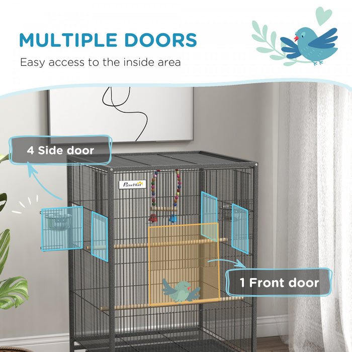 Pawhut Cage A Oiseaux 29\" Avec Support Roulant Pour Perroquets Et Pinsons, Grande Cage A Oiseaux Avec Balancoire Coloree, Bols En Acier Inoxydable, Plateau Amovible – Gris