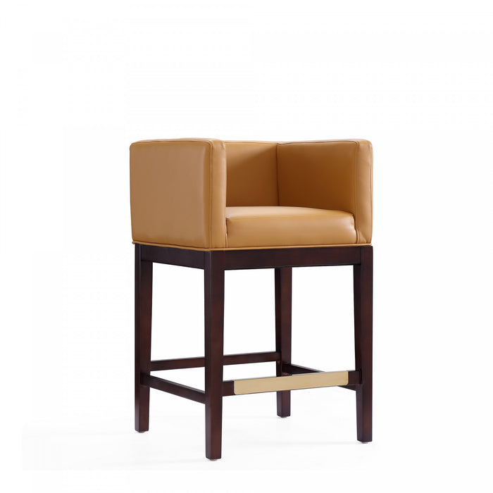 Tabouret de comptoir Kingsley style milieu du siecle en bois et tissu, coloris camel - Lot de 3