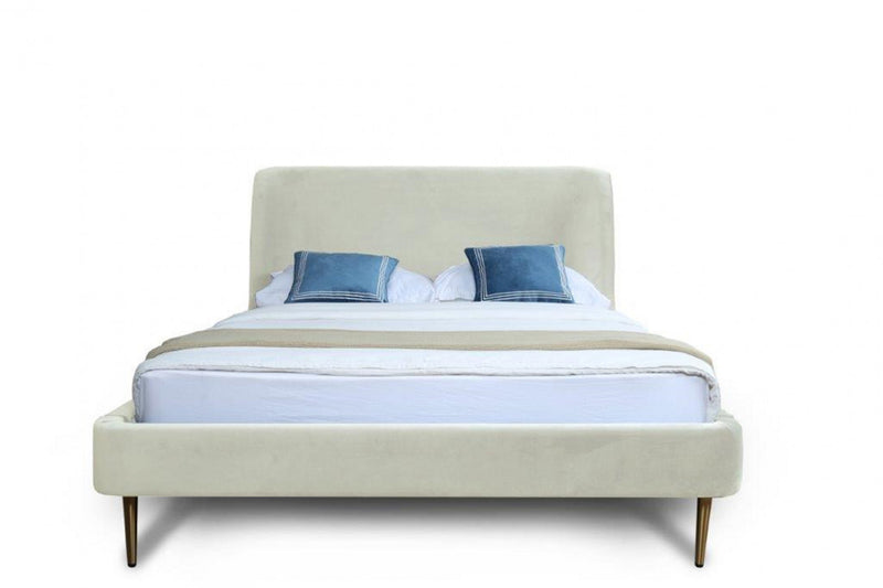 Lit Queen Heather style milieu du siecle moderne, rembourre en velours creme et or