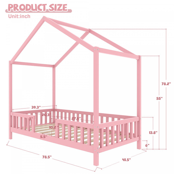 Paul Lit Montessori au sol avec baldaquin et barrieres hautes, Taille Simple, Rose