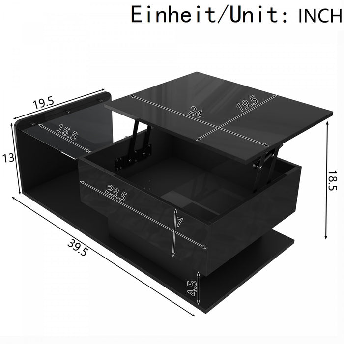 Table Basse Moderne Jonson A Plateau Relevable Avec Eclairage Led, Noir Laque Brillant