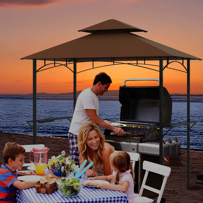 Costway 8’ X 5’ Grill Gazebo Avec 2 Etageres 7 Crochets Cadre En Metal Soft Top Brun
